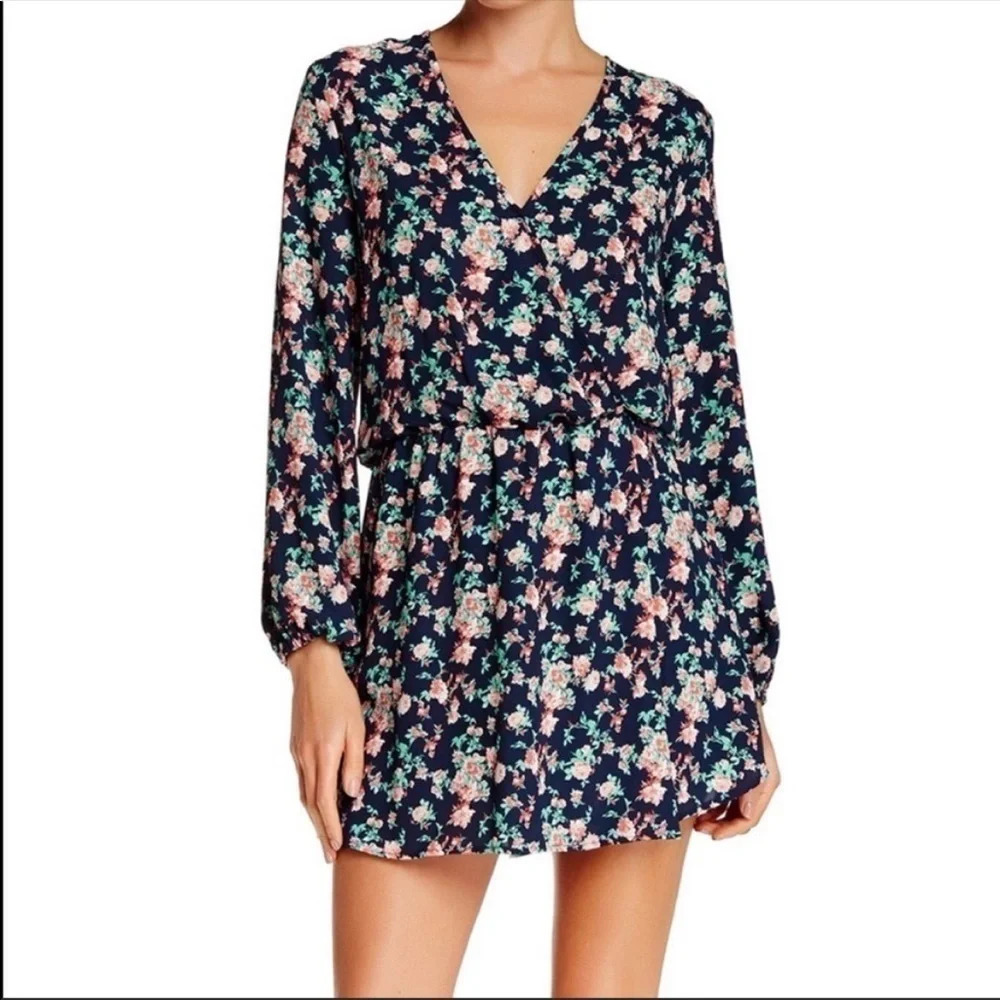 WAYF Navy Floral Faux Wrap Dress Long Sleeve Small